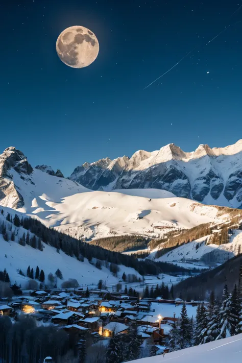  snowy mountains　city　moon