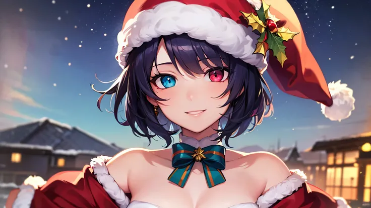  top quality , 16k,  high res,  high contrast,1girl,only, ２０generation, Dark purple short hair,  rainbow heterochromia( red eyes, blue eyes), Eyes with highlights,( Beautiful Detailed Face), smile, Moderate bust,  Sexy Santa Outfits ,  Precise and Beautifu...