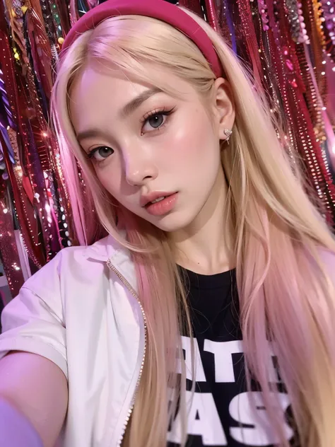 a CLose up of a girl with long blonde hair wearing a pink headband, parque roseanne de blackpink, portrait of jossi de blackpink, jossi de blackpink, Lalisa Manobal, CL, sol yunjoo, Lalisa Manoban de Blackpink, ulzzang, retrato de kim petras, ava max, maqu...