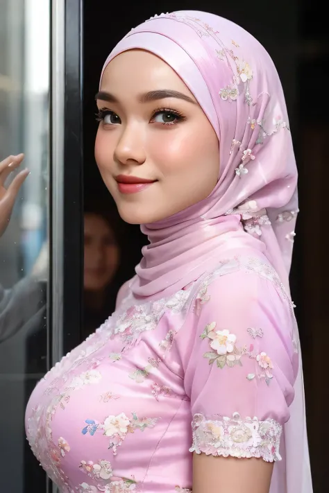 (Strapless dress), Chubby adorable, 2 girl, (face to face), ************, baby face, happy, half body portrait, (face details: 1), (eye details: 1), ((big breasts)). wearing transparent transparency soft soft long shirt, ((memakai hijab putih)), .. Cute po...