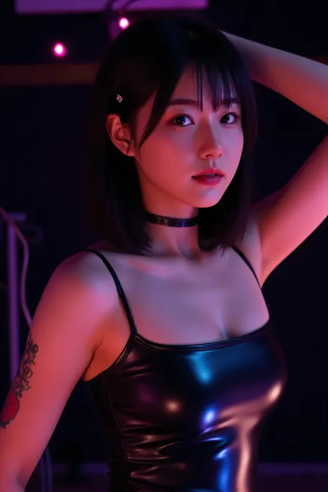 Beautiful school girl with tattoo looking at camera、Shortcut、 faces staring at from a crowd、Summer clothes、 Adolescence、 evening 、From the front、 portrait, 　 Tattooed Body, a woman wearing a black leotard is taking pictures,  black light on 、Smooth dark sk...