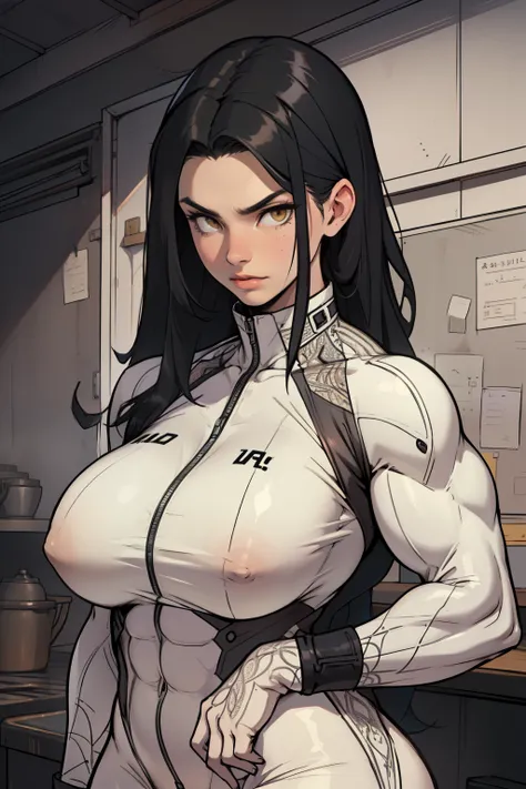 angry girl pale skin (((((muscular girl high details))))) (((((thick highly detailed))))) (((((large breasts intricate details))))) pilot suit bodysuit black hair yellow eyes very long hair very long hair very long hair