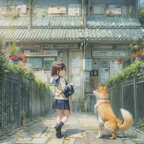         school uniform  、  Shiba Inu girl seen from behind、Chibi、     Outside of the punch  