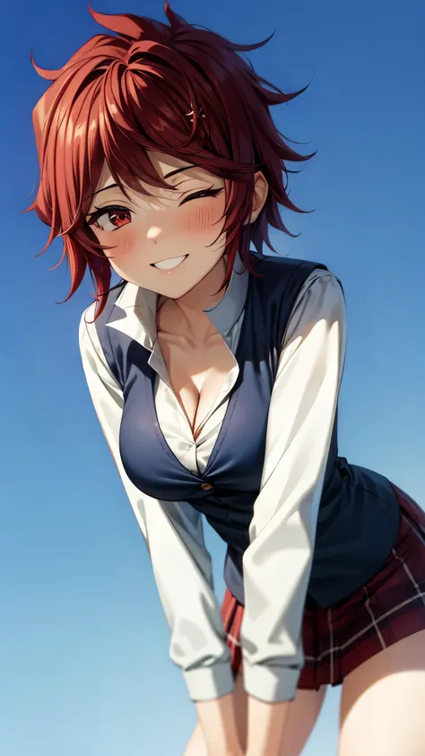 （ super high quality , super high res,16k,super masterpiece,Ultra HD ,Detailed shading and background,）Shooting from directly below, sexy girl ,white shirt with big collar,Navy blue vest, cleavage, Plaid Mini Skirt,smile,blush,blue sky and sun visible back...