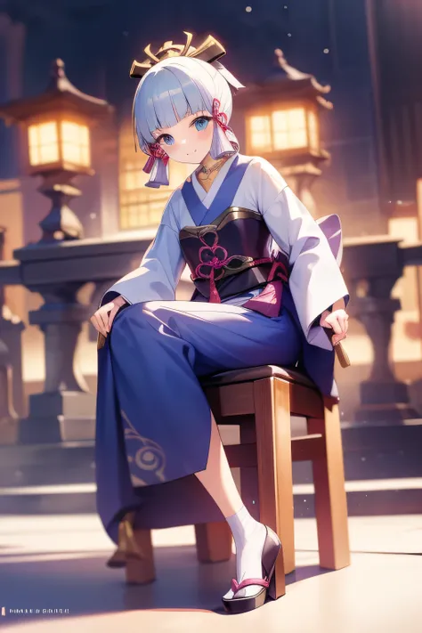  HD， a girl ，Sitting， full body image ， night view of the city，Genshin Impact Style，Kamisato Ayaka version，Wear a white kimono ，tied to a chair