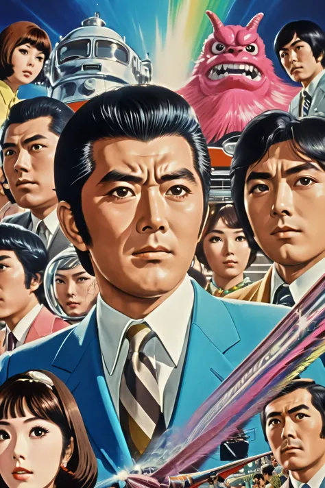 Manga characters, 1970s comic art , 1970s Japanese TV show monster, detailed Digital Paint, bright color, dynamic composition , Dramatic lighting, vintage aesthetics , ( top quality,4K,8k, high definition ,masterpiece:1...