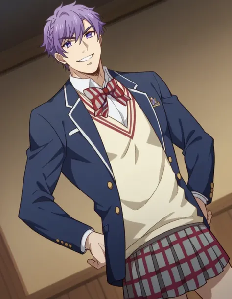 score 9 、score 8 up、score 7 up、source anime、masterpiece、 top quality 、 high res、1boy、(male:1.55)、、nene odagiri、Alone、male focus、(male body:1.55)、Purple Hair、Short Hair、 purple eyes、 braided 、 skirt、bowtie、 school uniform、plaid bowtie、jacket、pleated skirt、p...