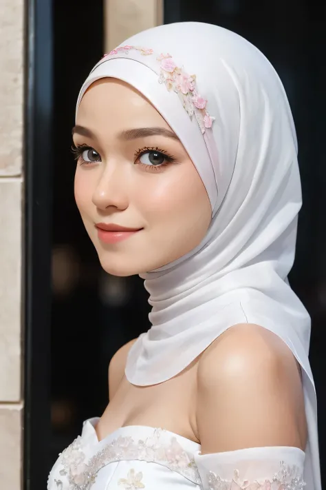 (Strapless dress), Chubby adorable, 2 girl, (face to face), ************, baby face, happy, half body portrait, (face details: 1), (eye details: 1), ((flat breasts)). wearing transparent transparency soft soft long shirt, ((memakai hijab putih)), .. Cute p...