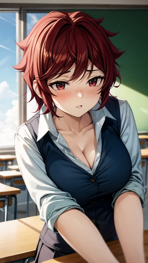 （ super high quality , super high res,16k,super masterpiece,Ultra HD ,Detailed shading and background,） sexy girl looking up,white shirt with big collar,Navy blue vest, cleavage, Plaid Mini Skirt,Open your lips a little,blush,Classroom where the sunset shi...