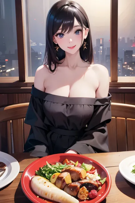 Super realistic, high image quality, high resolution,
A Taiwanese beauty wearing only an off-shoulder loose low-cut top was sitting across the dinner table, holding a knife and fork, and looking at the camera with a smile. On the dark dining table were fre...