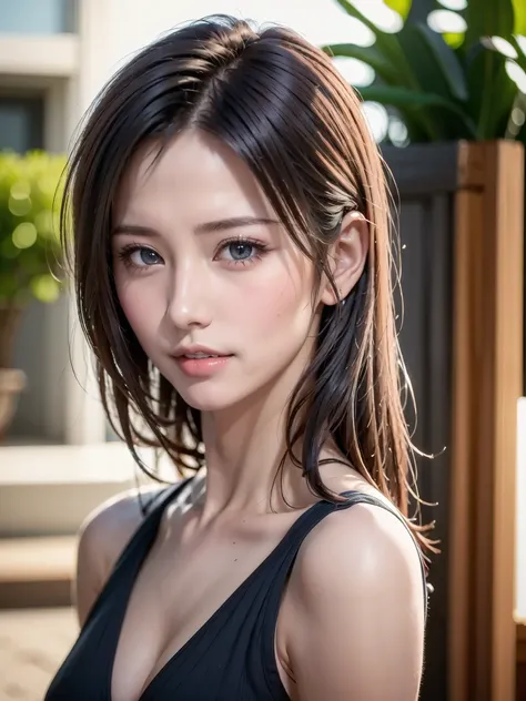 (masutepiece:1.3), (8K, Photorealistic, Raw photo, Best Quality: 1.4), (1girl in), Beautiful face, (Realistic face), (Black hair, Short hair:1.3), bikini of, Beautiful hairstyle, Realistic eyes, Beautiful detailed eyes, (Realistic skin), Beautiful skin, (N...