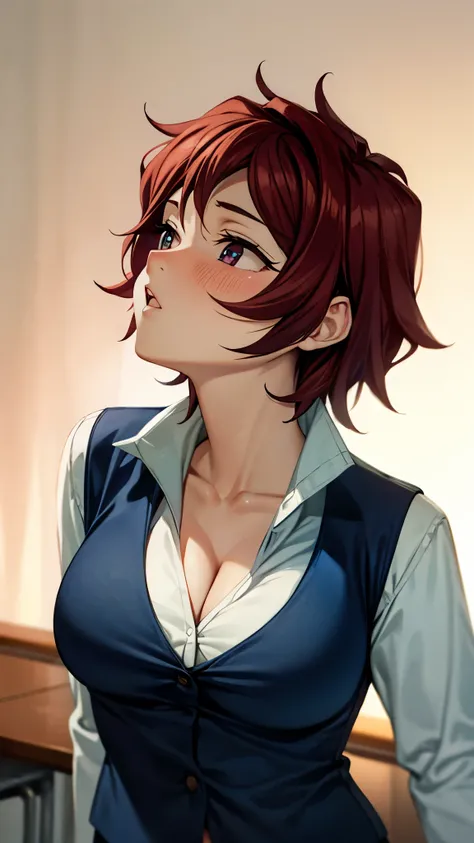 （ super high quality , super high res,16k,super masterpiece,Ultra HD ,Detailed shading and background,） sexy girl looking up,white shirt with big collar,Navy blue vest, cleavage, Plaid Mini Skirt,Open your lips a little,blush,Classroom where the sunset shi...