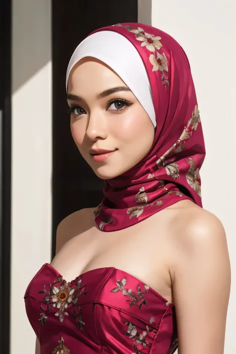 (Strapless dress), Chubby adorable, 2 girl, (face to face), ************, baby face, happy, half body portrait, (face details: 1), (eye details: 1), ((flat breasts)). wearing transparent transparency soft soft long shirt, ((memakai hijab putih)), .. Cute p...