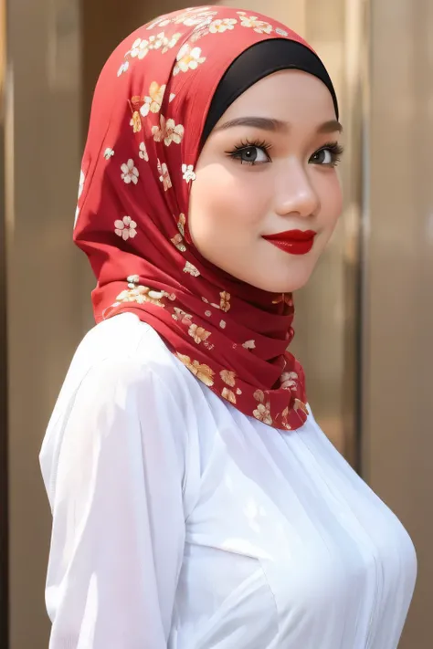 (Strapless dress), Chubby adorable, 2 girl, (face to face), ************, baby face, happy, half body portrait, (face details: 1), (eye details: 1), ((big breasts)). wearing transparent transparency soft soft long shirt, ((memakai hijab putih)), .. Cute po...