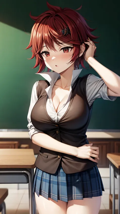 （ super high quality , super high res,16k,super masterpiece,Ultra HD ,Detailed shading and background,） sexy girl ,white shirt with big collar,Navy blue vest, cleavage, Plaid Mini Skirt,Open your lips a little,blush,Classroom where the sunset shines,