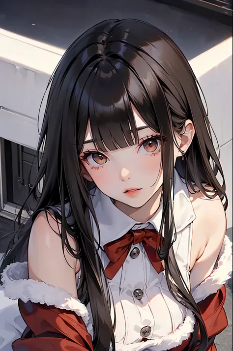 (Beauty:1.4)、best quality,  highres icon, slender、 brown eyes、 Tall、( black hair:1.5)、(clear:1.3)、( long hair:1.3),( straight hair:1.3)、( with bangs:1.3)、(7-head ratio:1.3)、(Santa:1.2)、 miniskirt、( boobs:1.2)
