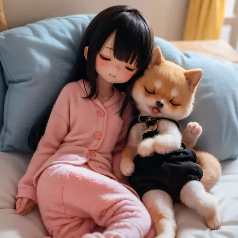 Shiba Inu girl sleeping in chibi pajamas、Girls sleeping in bed