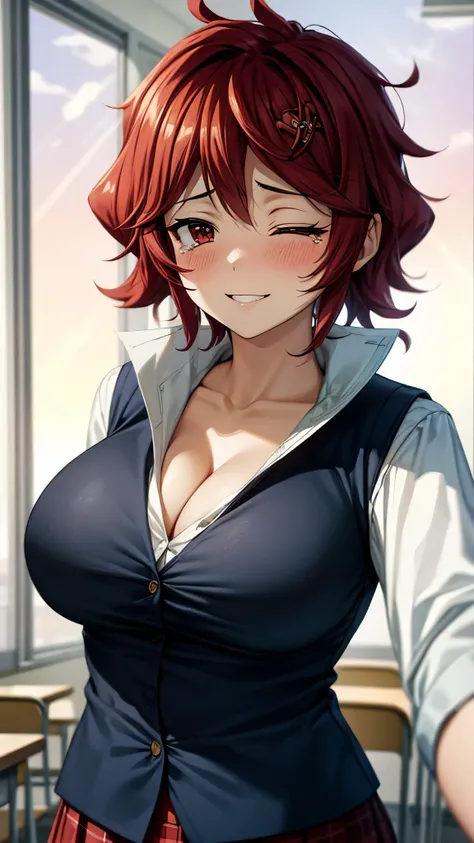 （ super high quality , super high res,16k,super masterpiece,Ultra HD ,Detailed shading and background,） sexy girl ,white shirt with big collar,Navy blue vest, cleavage, Plaid Mini Skirt,smile,blush,A few tears,Classroom where the sunset shines,