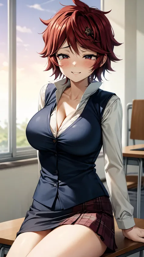 （ super high quality , super high res,16k,super masterpiece,Ultra HD ,Detailed shading and background,） sexy girl ,white shirt with big collar,Navy blue vest, cleavage, Plaid Mini Skirt,smile,blush,A few tears,Classroom where the sunset shines,