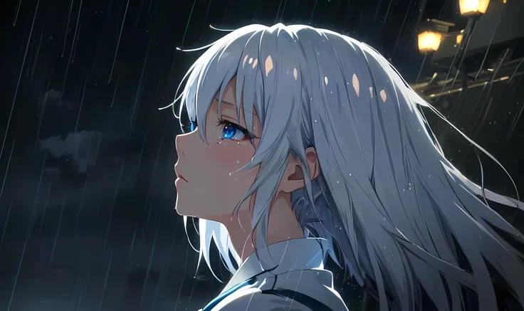 Anime girl with long white hair and blue eyes looking up at the rain, White Hair Girl,  SHORT HAIR IN PROFILE , 4k anime wallpaper, anime wallpaper 4k,  anime wallpaper 4k ,  anime art wallpaper 4k ,  anime art wallpaper 4K ,  Tears in the Rain , Gwaiz,  d...