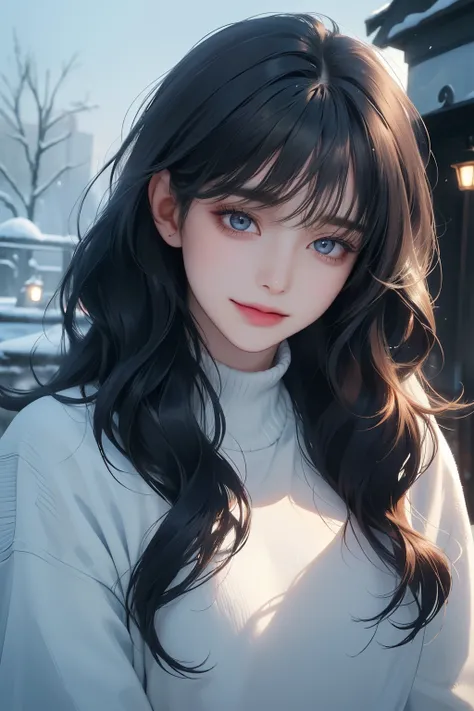 ((upper body)),(best quality, ((masterpiece)), beautiful detailed Eyes, 8K resolution, cinematic lighting,detailed clothes,Semi-realistic),smile,1 woman,((25-year-old)),((bunt bangs, dark blue wavy hair)), winter, snowfall