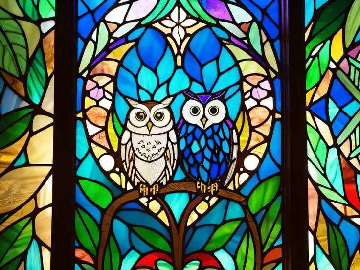 stained glass,decorative,artwork,vibrant,colorful,floral,leaves,design,nature,creative,glasswork,blue background,animal,ornate,intricate design,beautiful,artistic,illustration,glass panel,window,decor,indoor art,wildlife,nature themes,eco art,color blend,t...