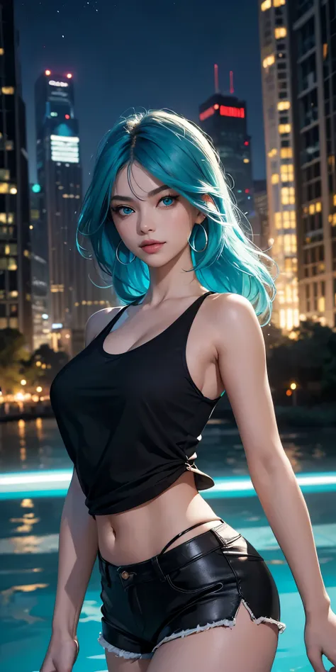 (masterpiece), best quality, night, expressive eyes, perfect face, 1girl, large breasts, Turquoise eyes, turquoise hair color, thin smile, Looking at viewer, (black top), (full length tank top), tight shorts, night city landscape on the background