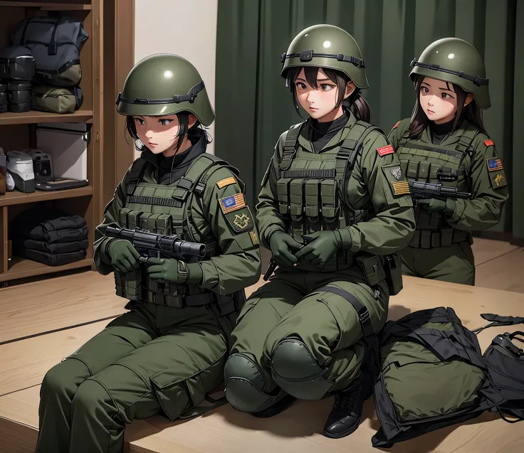  a group of female special forces soldiers all wearing dark green military uniforms、Rest in the military dormitory、Wear a special helmet 、Magazine Pouch、Tactical shoulder strap、Gloves、Military Pants、Knee pads，Write details、masterpiece、 Best Quality 、High p...