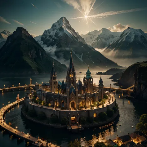 A town of high elvish architecture of jewelcrafters and weaponsmiths on the Lonely Island beside very tall mountains from which a strong light can be seen. 