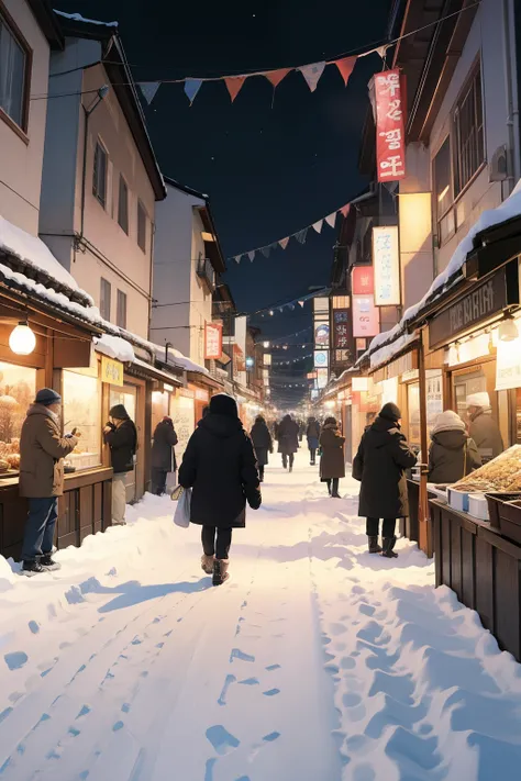 ((masterpiece)), 8K resolution, cinematic lighting,Semi-realistic),"A small coastal town in South Korea during winter, with a clear, bright sky. The scene captures a lively winter night market nestled between narrow alleyways, with snow-covered ground and ...