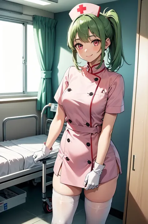 1girl, solo, nurse, nurse cap, white nurse uniform, ((white legwear, zettai ryouiki)), white gloves, ponytail, green hair, pink eyes, smile, standing, ((hospital room)), sharp outline, short sleeves, best quality, masterpiece