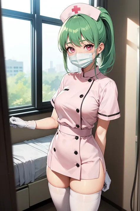 1girl, solo, nurse, nurse cap, white nurse uniform, ((white legwear, zettai ryouiki)), white gloves, ponytail, green hair, pink eyes, ((white surgical mask, covered nose)), standing, ((hospital room)), sharp outline, short sleeves, best quality, masterpiec...