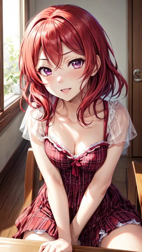 maki nishikino  from Love Live school idol project, purple eyes, beautiful face,detailed eyes, clarity eyes, short haircut , red hair, little hair 