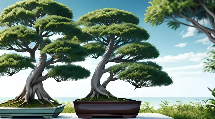 Beautiful  old Bonsai  trees , plane grey background 