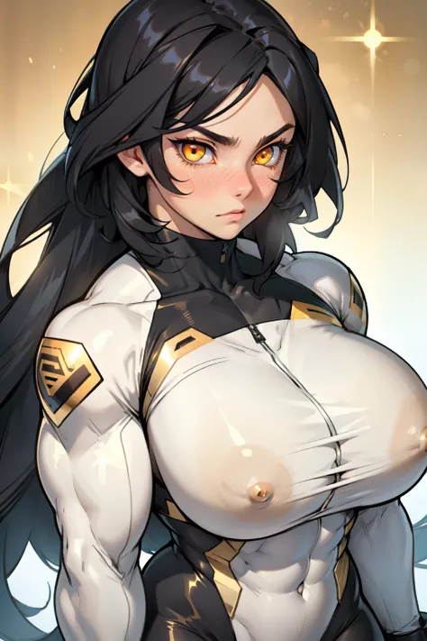 ((((girl muscular thick)))) pale skin black hair ultra detailed eyes huge large breasts toned body embarrassed blush very long hair skintight suit golden eyes golden eyes ((((golden eyes)))) close up