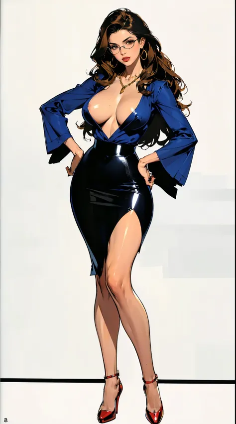 ((best quality,4k,highres,masterpiece:1.2)),((character concept art)), 1 female, Italian secretary, voluminous brunette hair styled in 70s feathered waves, ((olive Mediterranean skin)), ((sultry brown eyes)), perfect hourglass figure with Italian curves, (...