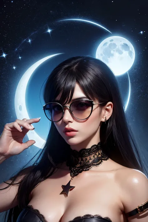 The model is wearing glass sunglasses with stars and the moon on the glass