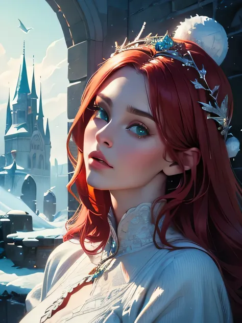 1 woman, A great, awe-inspiring, 30 years old woman with a winter castle in the background, orror, The goddess of Moran this, red hair, green eyes, full height, winter, cold, detailed whimsical winter and castle, detailed fairy tale illustration, horror st...