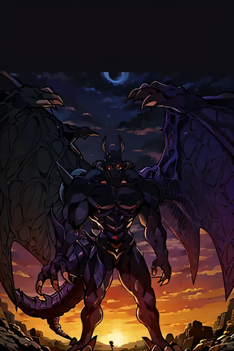 (masterpiece, best quality:1.2), 1boy, solo, monster, dark skin, spikes, claws, red eyes, Zorc, dragon head, wings, standing, anime