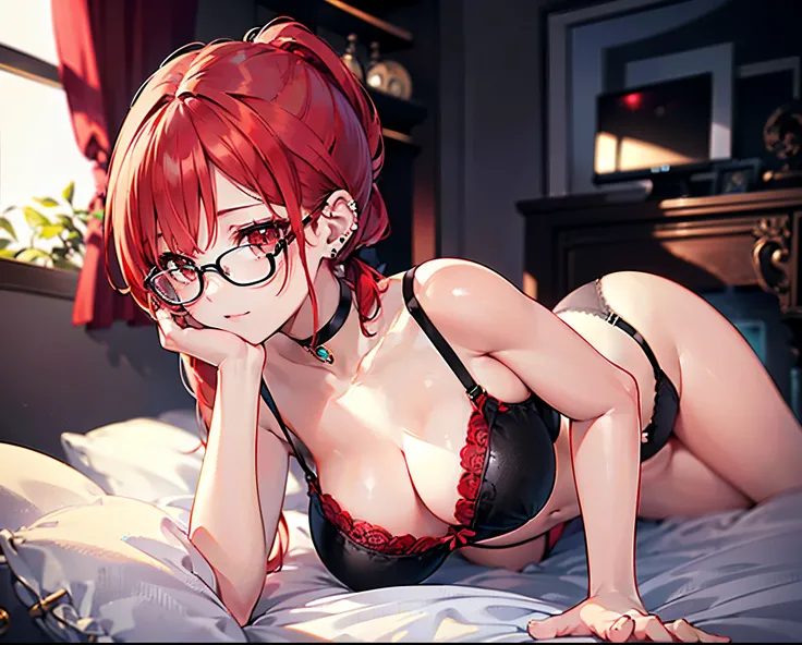  realistic, top quality ,  super detailed ,  LONG PONYTAILS ,  THE MOST DELICATE AND BEAUTIFUL , Floating gently,  high res, (1 female), ( best image quality ,4K,8k,masterpiece:1.2) , (Bright Red Hair:1.5),( short ponytail :1.5),( red eyes:1.5),(Pure black...