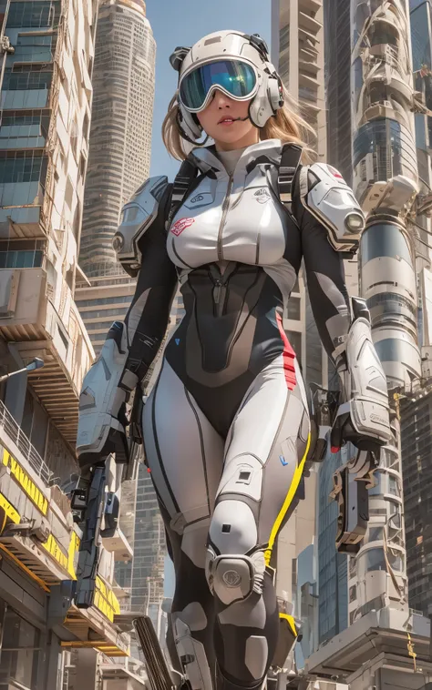 ((Best Quality)), ((masutepiece)), (Detailed: 1.4), (Absurd), Caucasian female fighter pilot ready for war, front walking, muscular sculptural body defined, Closed mouth, muscular body covered by technological clothing, Cyberpunk, ((perfect large breasts))...