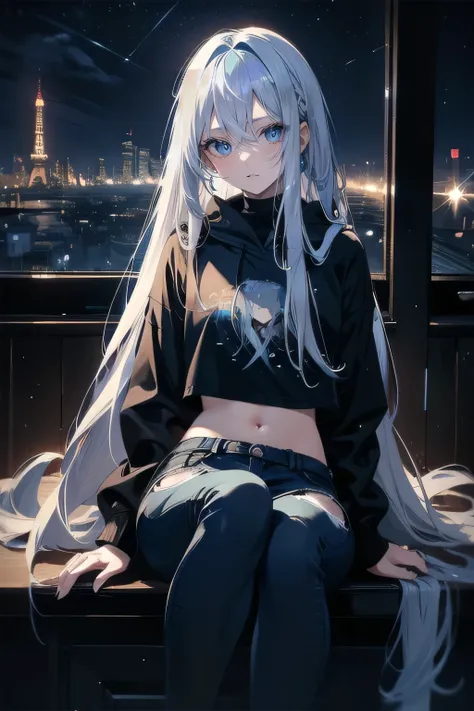 (masterpiece), (best quality), ultra detailed, finely detailed color, cenematic painting, bishoujo, ((one lady)), teenager, cute face, white hair, absurdly long hair, straight hair, ((deep blue eyes:1.5)), holding weapon, sitting on floor, black hoodie, lo...