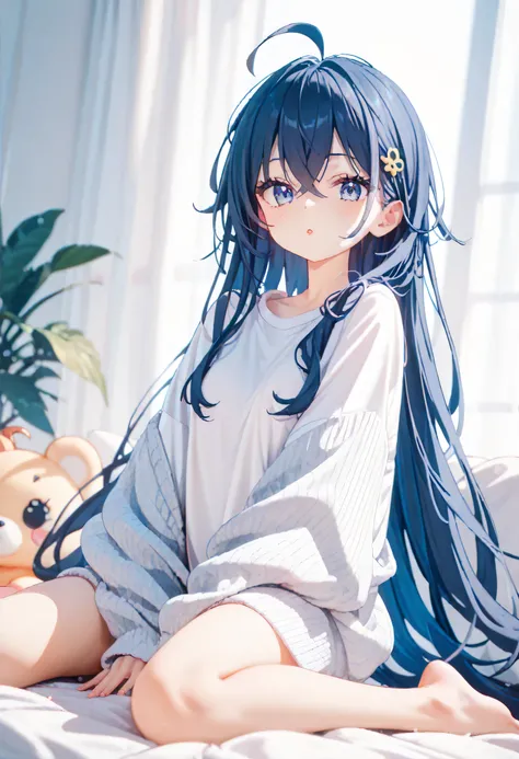 oversized cardigan, skinny body, ((miniskirt:1.2))、(( white shirt:1.2)), very long hair, ahoge, crossed bangs、 Dark Blue Hair 、round face、 is short、Baby Face,  wariza