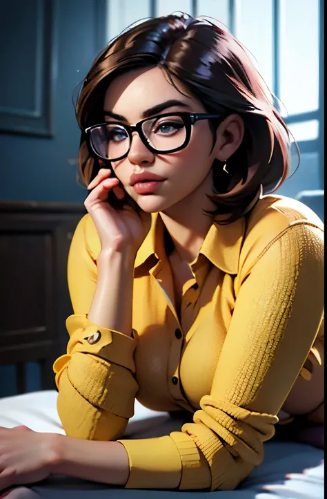 Velma, a beautiful woman with long short hair wearing button up shirt, tie, glasses, detailed portrait, high quality, hyperrealistic, 8k, detailed skin texture, detailed facial features, beautiful eyes, nose, lips, elegant expression, (full body), confiden...