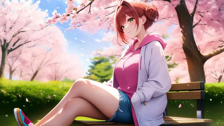 "A woman with short auburn hair styled into a messy bun sits casually on a wooden bench in a breathtaking garden filled with blooming sakura trees and colorful leaves. She wears a relaxed white hoodie and denim shorts, exuding a laid-back charm. Her postur...