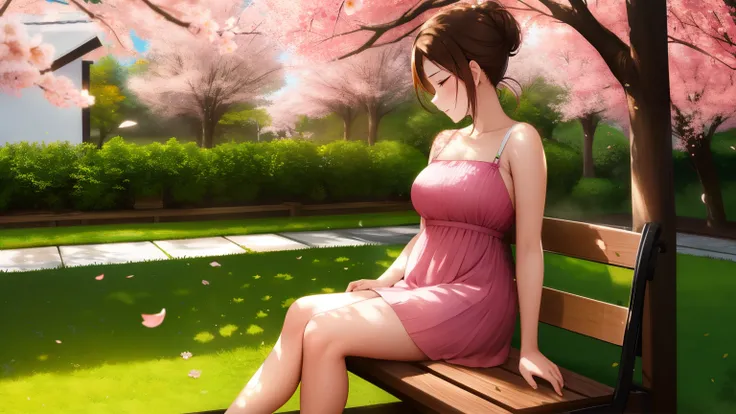 "A woman with brown hair styled in a messy bun sits on a wooden bench in a beautiful garden surrounded by blooming sakura trees and vibrant, colorful leaves. She is wearing a delicate, elegant mini dress that flows gently with the breeze, complementing the...