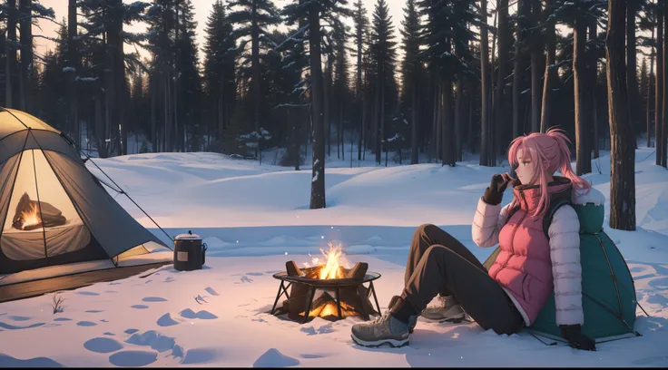 "A tranquil winter camping scene atop a snowy mountain, evoking a serene and adventurous mood. A woman with blonde-pink hair tied in a sleek ponytail is sitting near a modern campfire with a warm, flickering glow, surrounded by advanced yet nature-inspired...