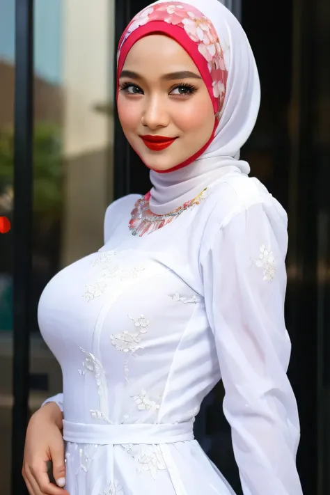 (Strapless dress), Chubby adorable, 2 girl, (face to face), ************, baby face, happy, half body portrait, (face details: 1), (eye details: 1), ((big breasts)). wearing transparent transparency soft soft long shirt, ((memakai hijab putih)), .. Cute po...