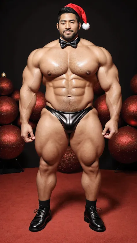 Japanese Men，35 years old，Tall and handsome，Short hair, O-Shaped Beard， Perfect Body, Hulk body ，African skin color， Dark Skin ， Muscular ， very large pecs ， very sexy abs ，腿部 Muscular ，Brightens oily skin， wear black shiny leather thong shorts， super sexy...