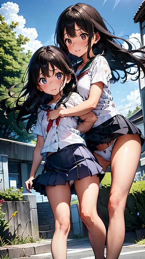  two girls 、 the whole body is reflected around the body 、Girls hugging each other、 best smile 、 long haired school girl、Big Breasts、 no bra、plain short sleeve shirt、The miniskirt rolls up in the wind and white panties are visible、bare feet and leather sho...